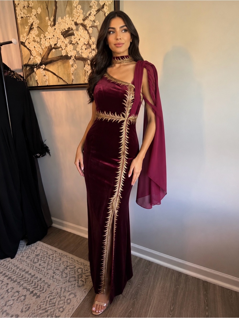 One-Shoulder Wine Red Velvet Evening Gown with Gold Trim